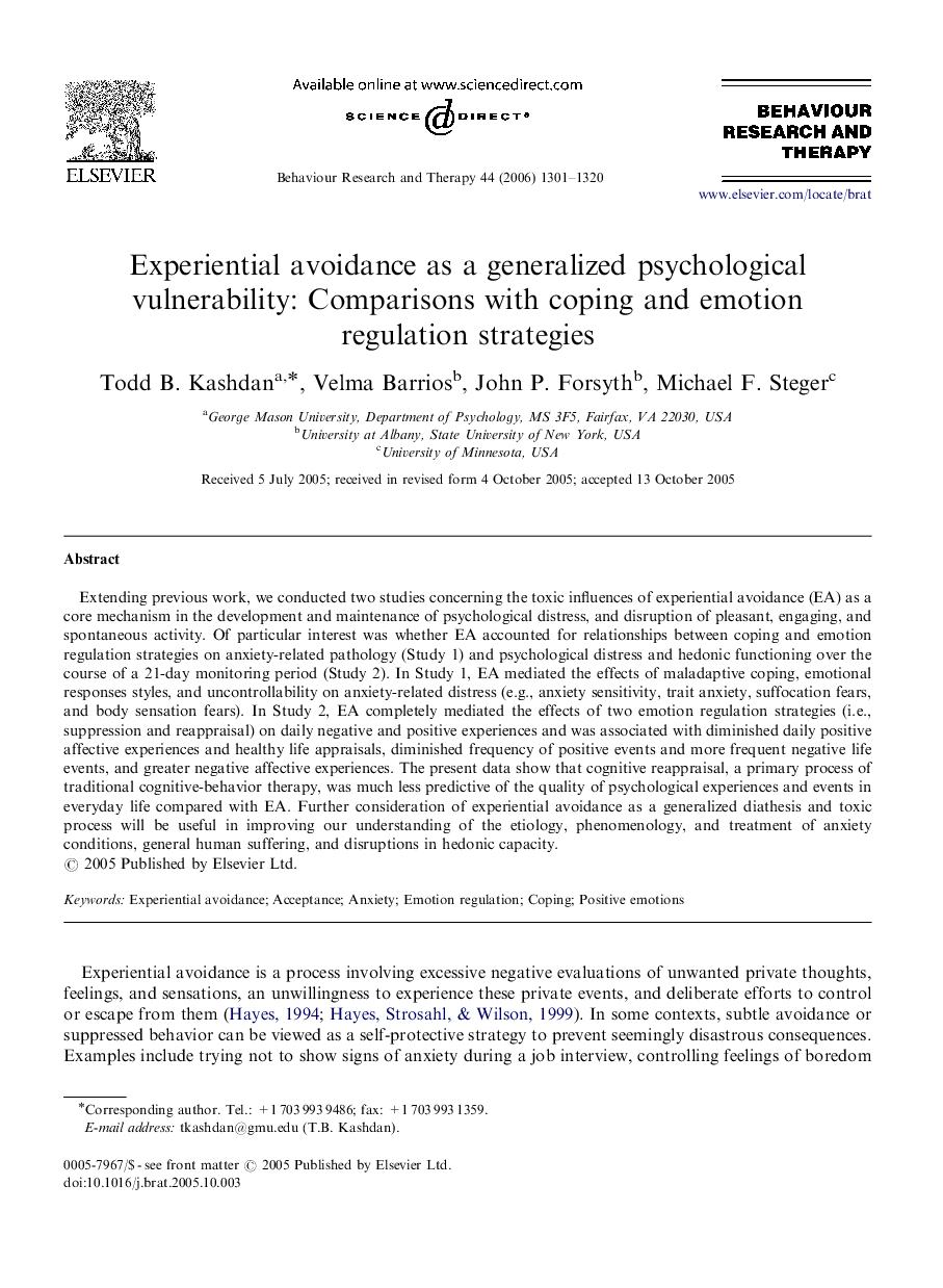 Experiential avoidance as a generalized psychological vulnerability: Comparisons with coping and emotion regulation strategies