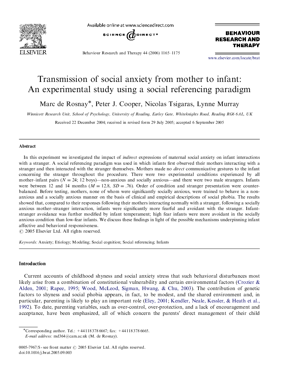 Transmission of social anxiety from mother to infant: An experimental study using a social referencing paradigm