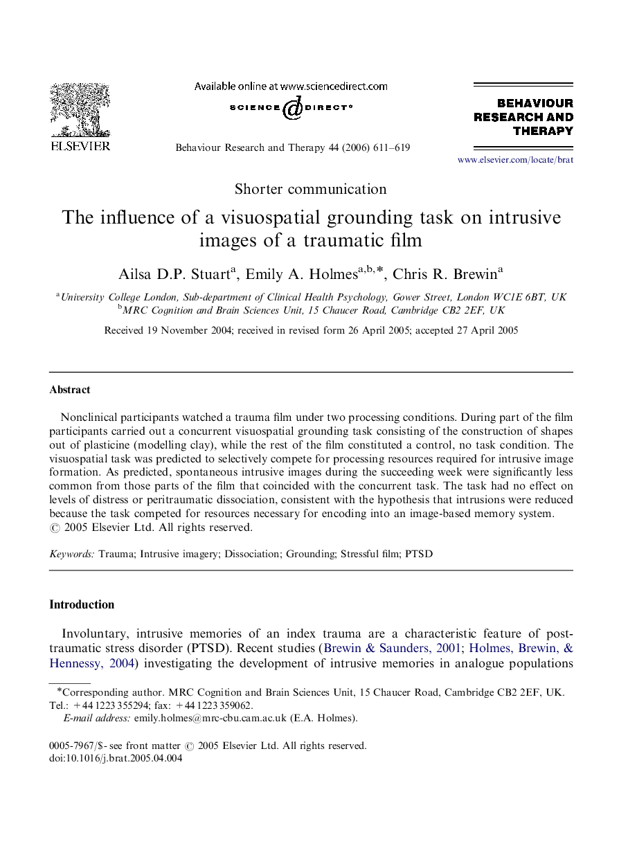 The influence of a visuospatial grounding task on intrusive images of a traumatic film