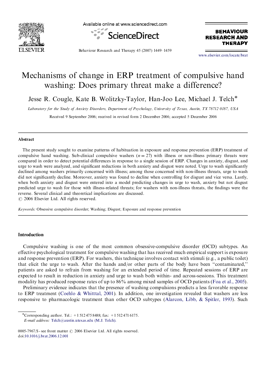 Mechanisms of change in ERP treatment of compulsive hand washing: Does primary threat make a difference?