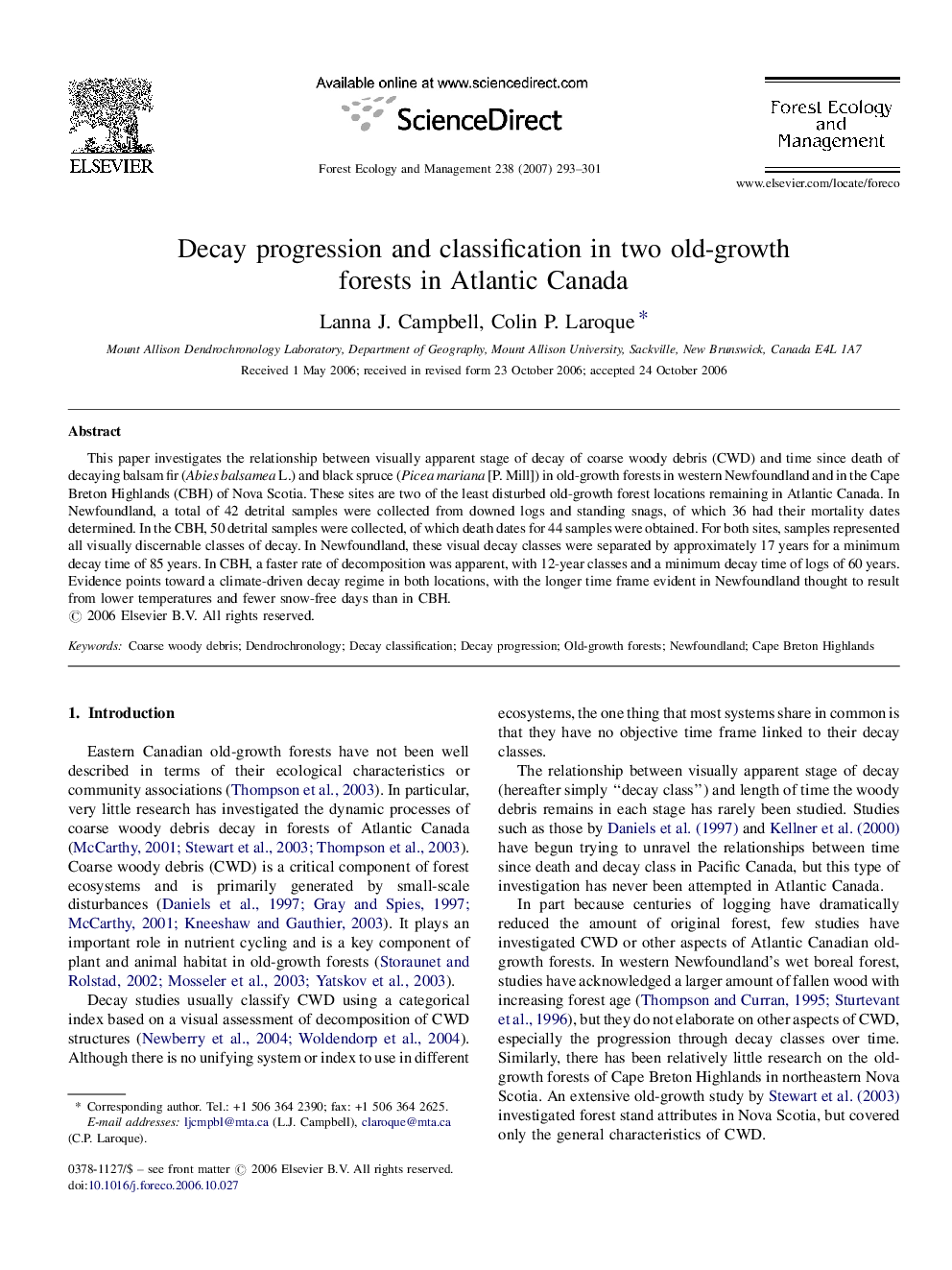 Decay progression and classification in two old-growth forests in Atlantic Canada