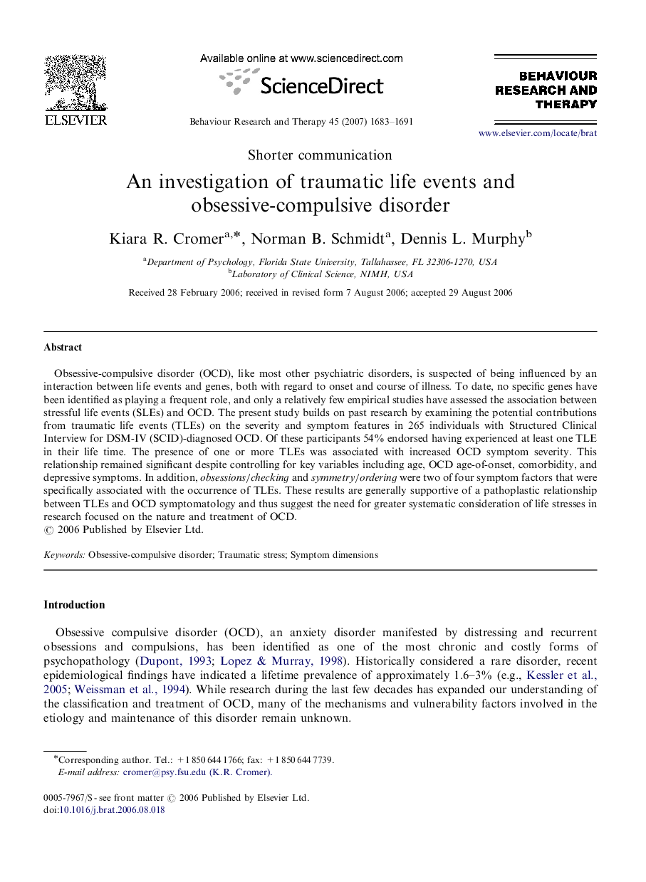 An investigation of traumatic life events and obsessive-compulsive disorder