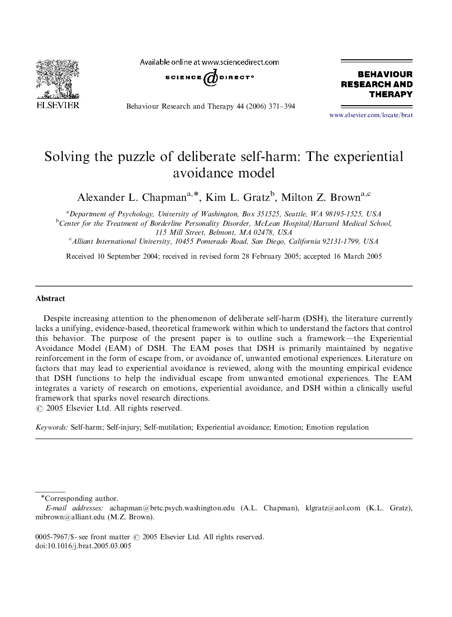 Solving the puzzle of deliberate self-harm: The experiential avoidance model