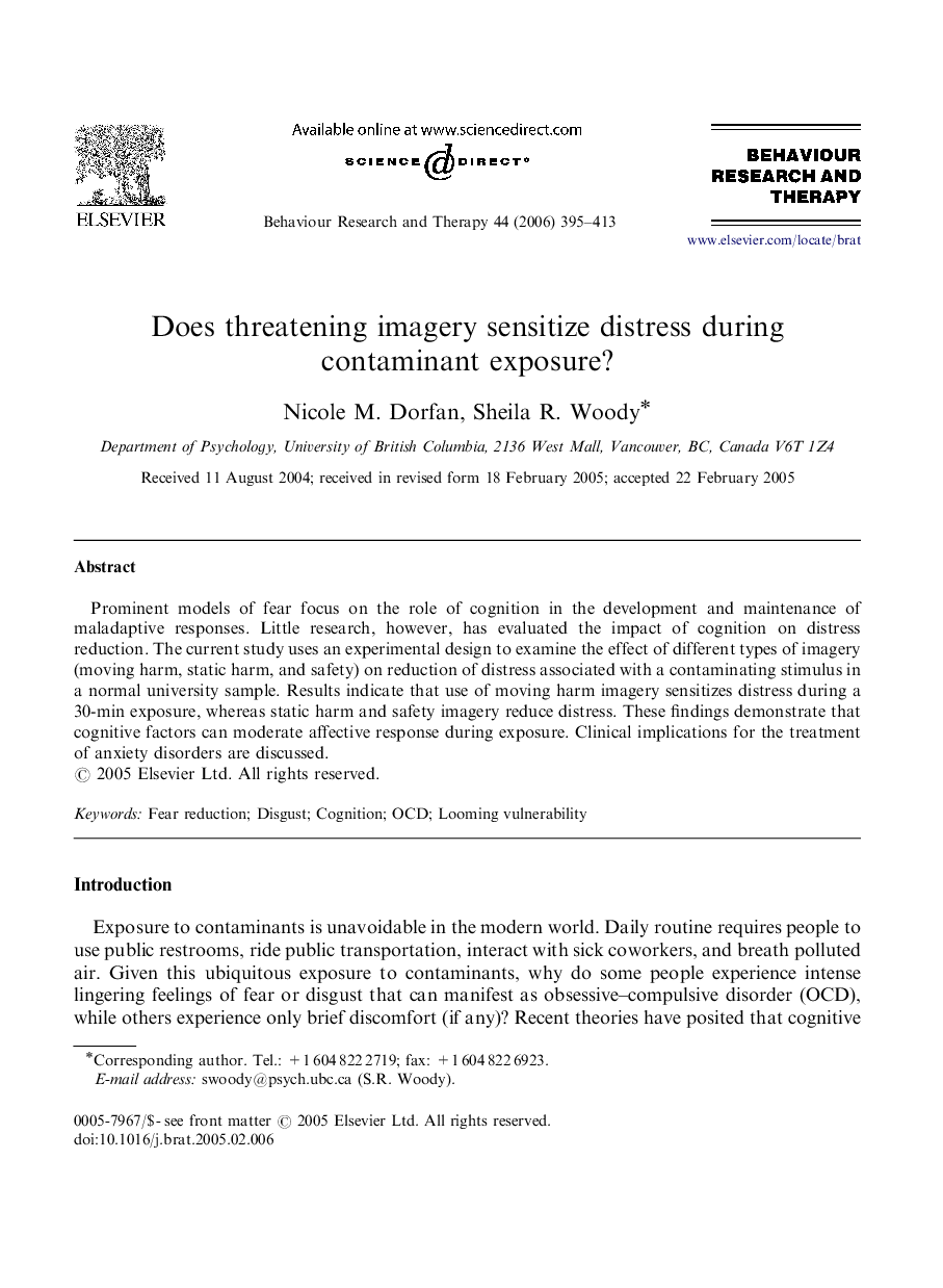 Does threatening imagery sensitize distress during contaminant exposure?