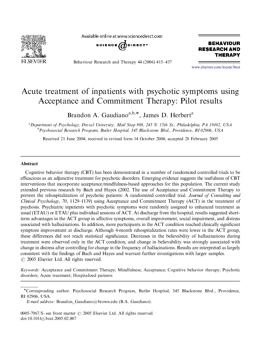 Acute treatment of inpatients with psychotic symptoms using Acceptance and Commitment Therapy: Pilot results