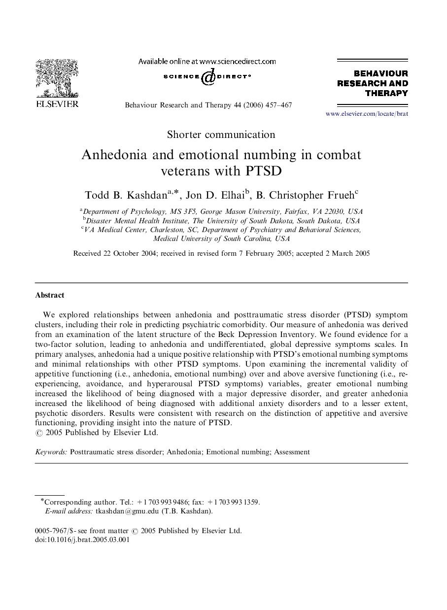 Anhedonia and emotional numbing in combat veterans with PTSD