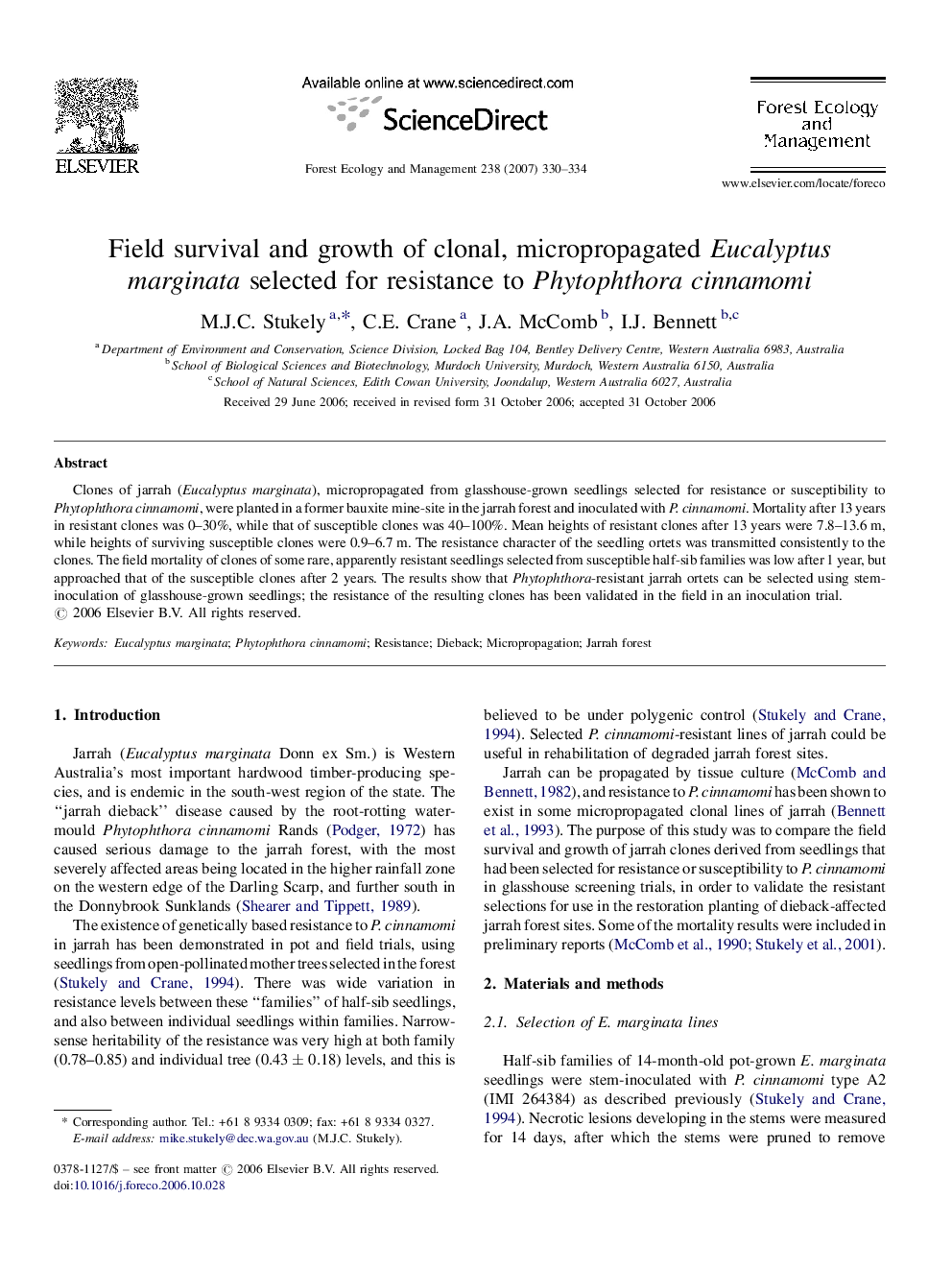 Field survival and growth of clonal, micropropagated Eucalyptus marginata selected for resistance to Phytophthora cinnamomi