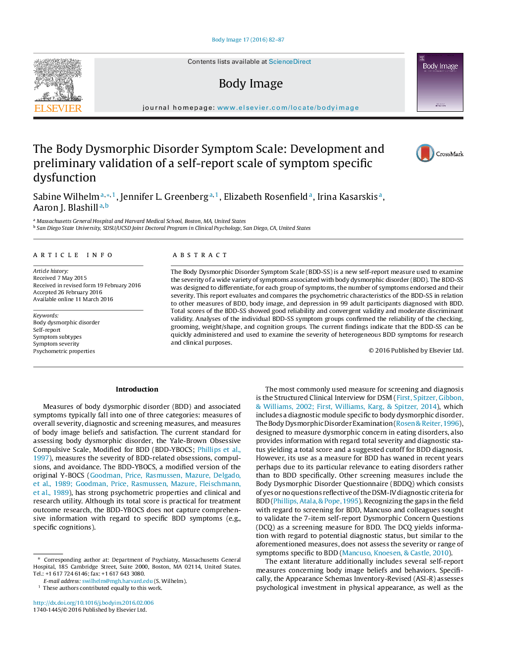 The Body Dysmorphic Disorder Symptom Scale: Development and preliminary validation of a self-report scale of symptom specific dysfunction