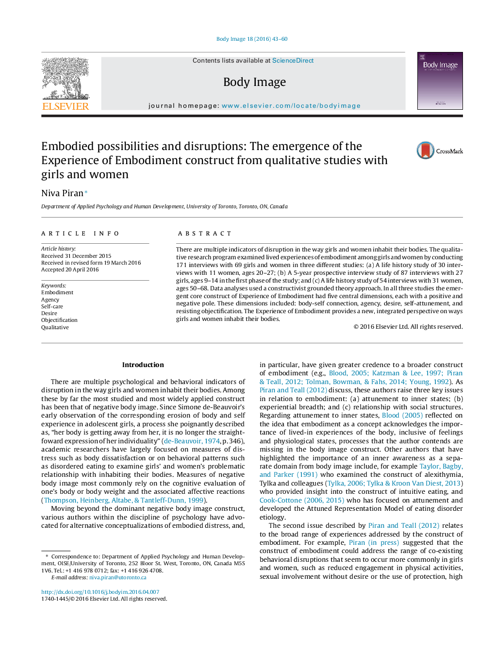 Embodied possibilities and disruptions: The emergence of the Experience of Embodiment construct from qualitative studies with girls and women