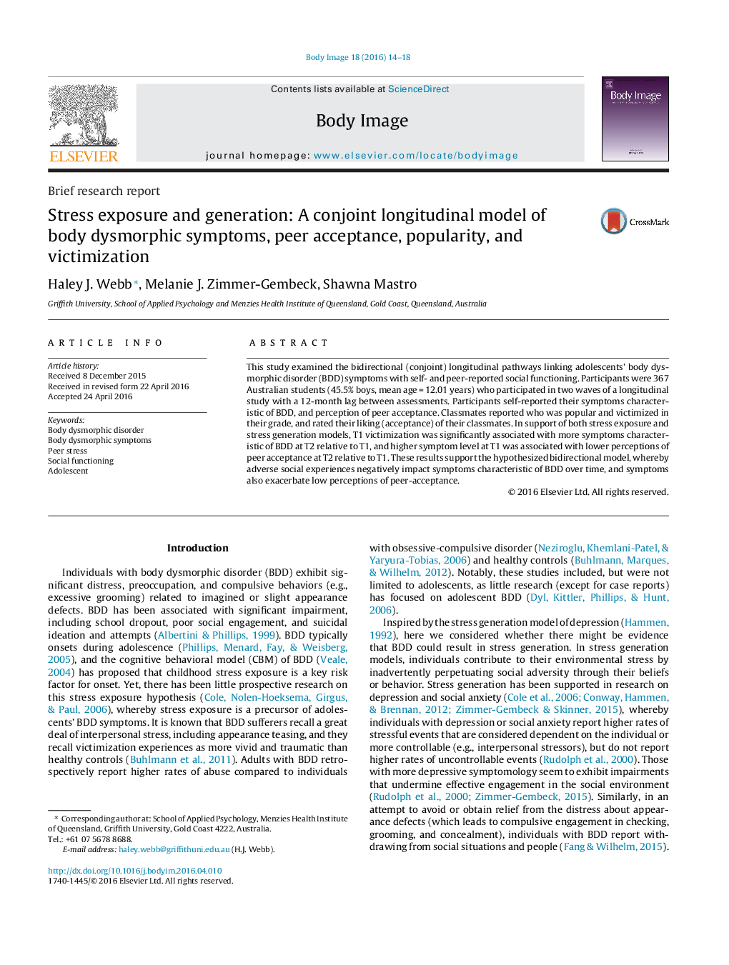 Stress exposure and generation: A conjoint longitudinal model of body dysmorphic symptoms, peer acceptance, popularity, and victimization