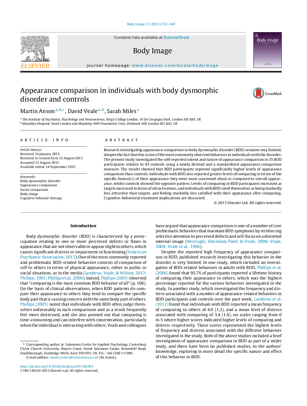 Appearance comparison in individuals with body dysmorphic disorder and controls