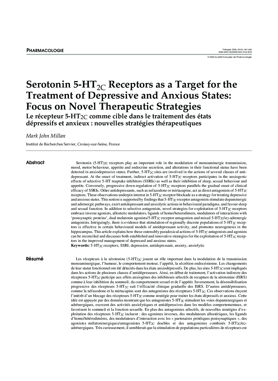 Serotonin 5-HT2C Receptors as a Target for the Treatment of Depressive and Anxious States: Focus on Novel Therapeutic Strategies