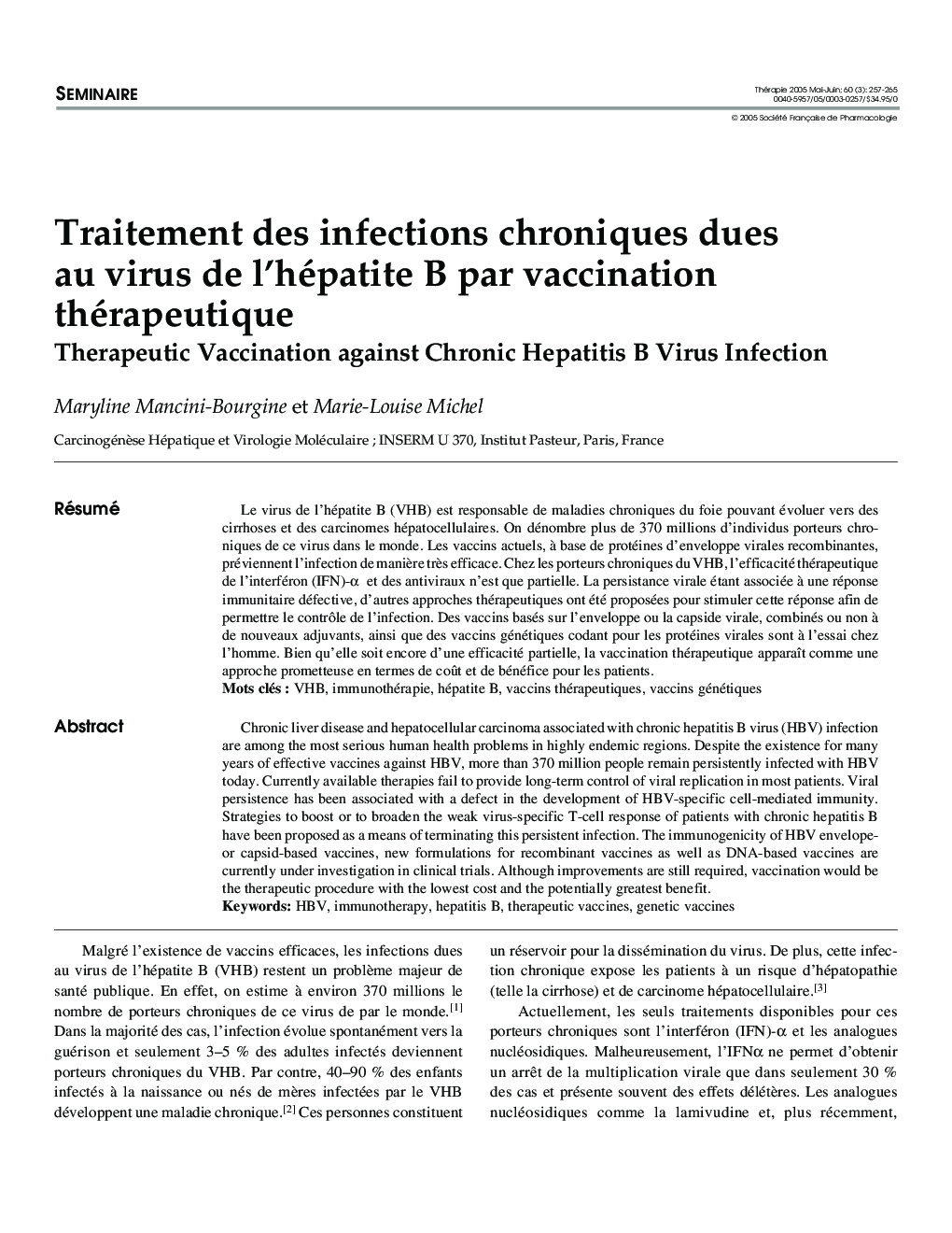 Traitement des infections chroniques dues au virus de l'hépatite B par vaccination thérapeutique