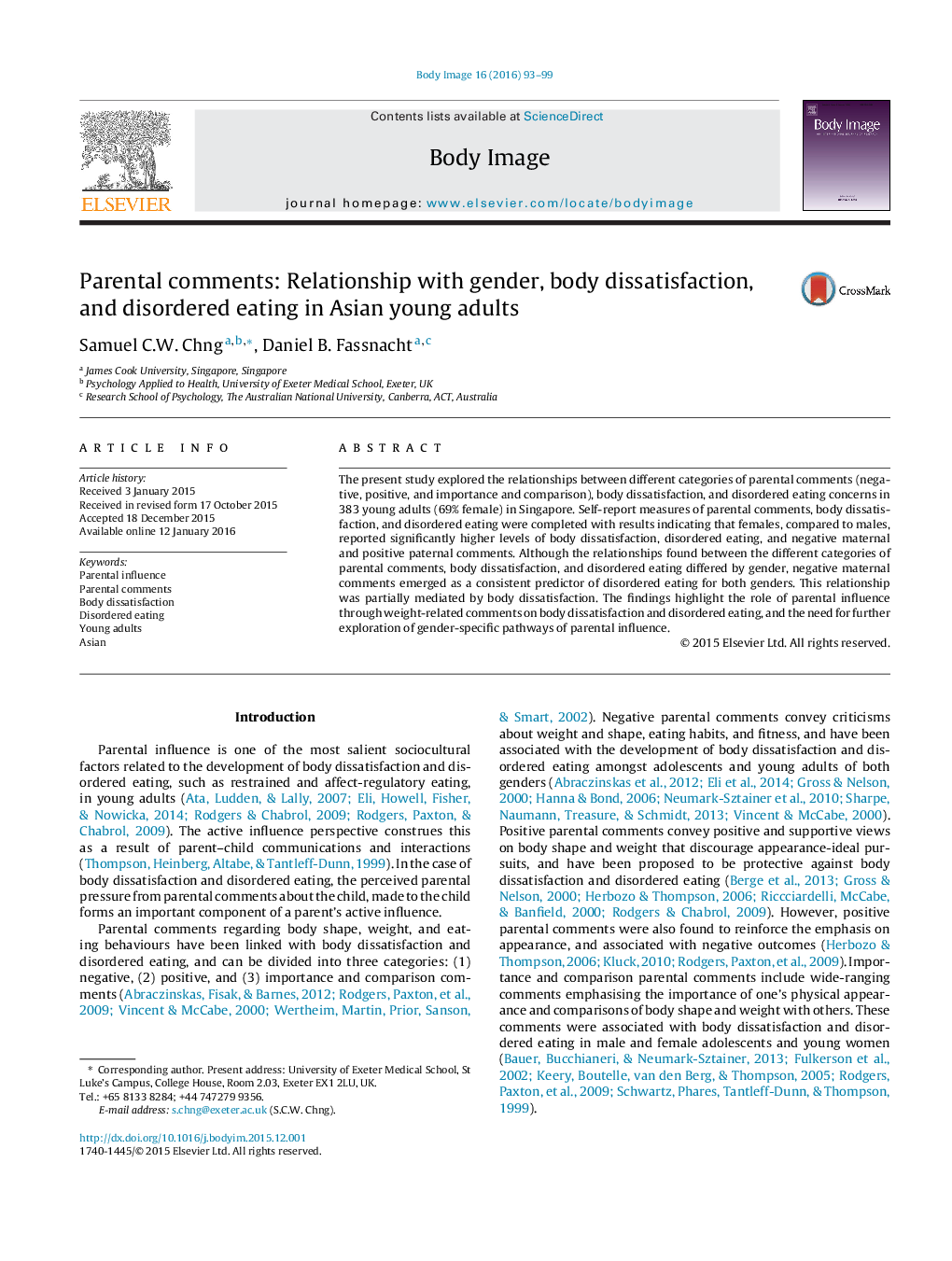 Parental comments: Relationship with gender, body dissatisfaction, and disordered eating in Asian young adults