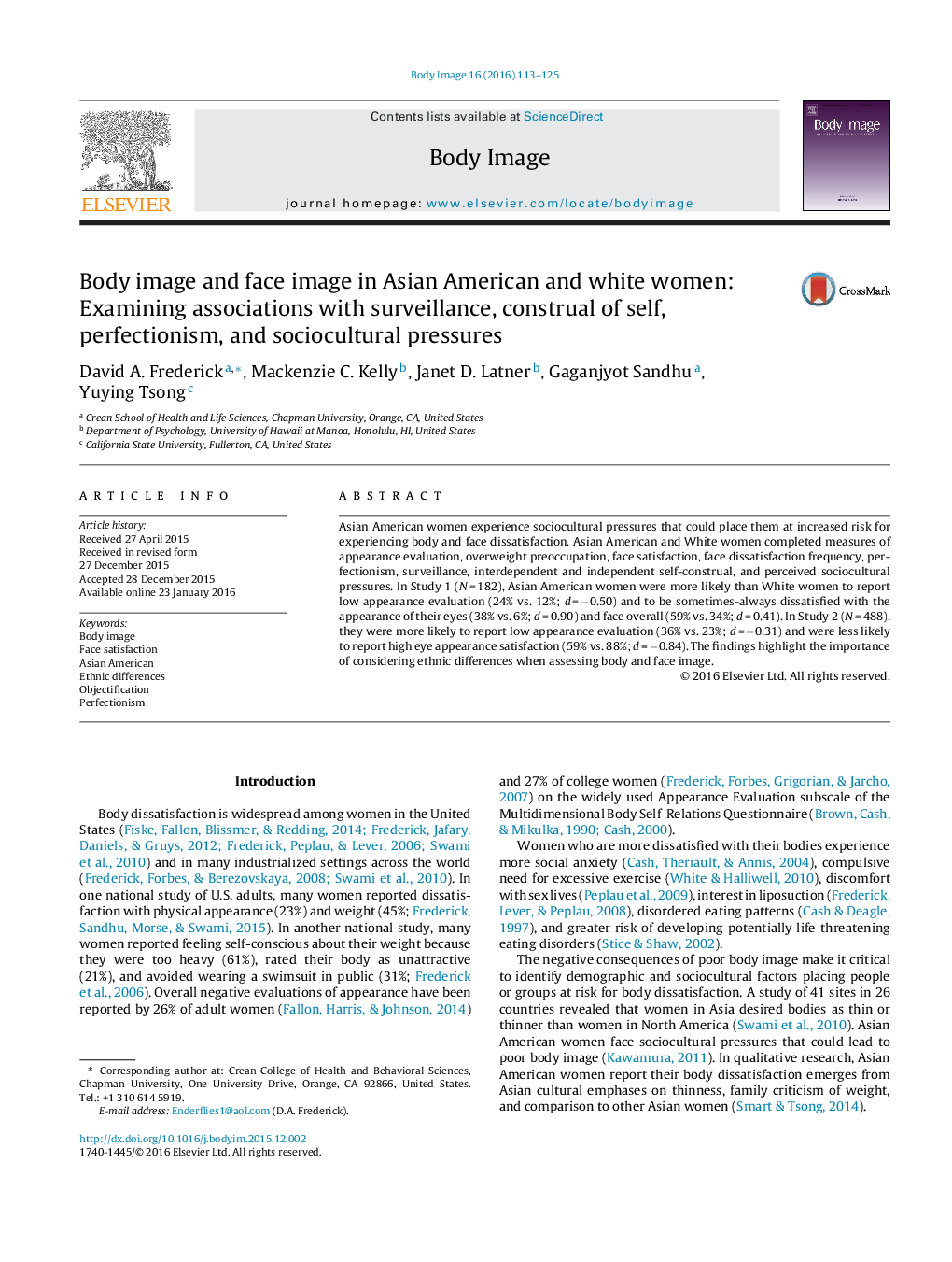 Body image and face image in Asian American and white women: Examining associations with surveillance, construal of self, perfectionism, and sociocultural pressures