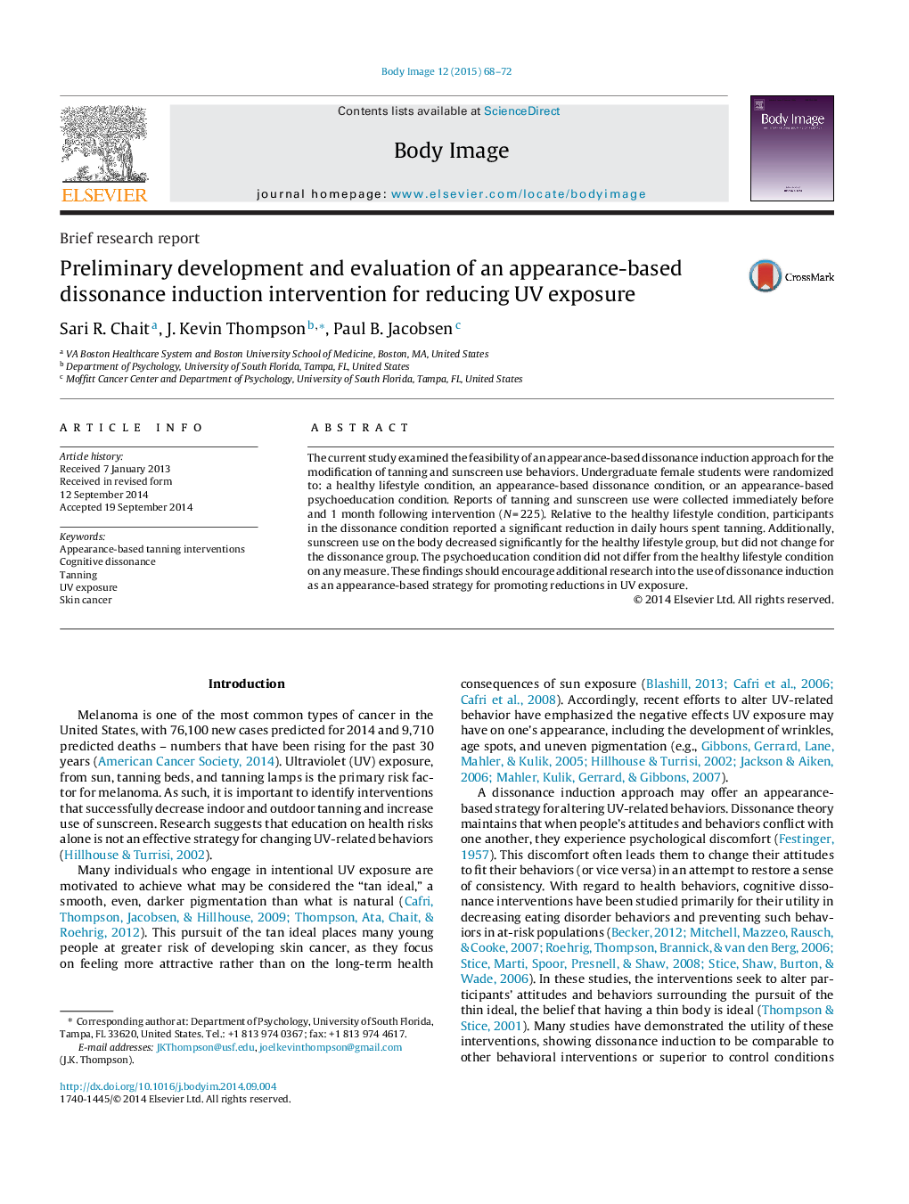 عکس صفحه اول مقاله: Preliminary development and evaluation of an appearance-based dissonance induction intervention for reducing UV exposure Preliminary development and evaluation of an appearance-based dissonance induction intervention for reducing UV exposure