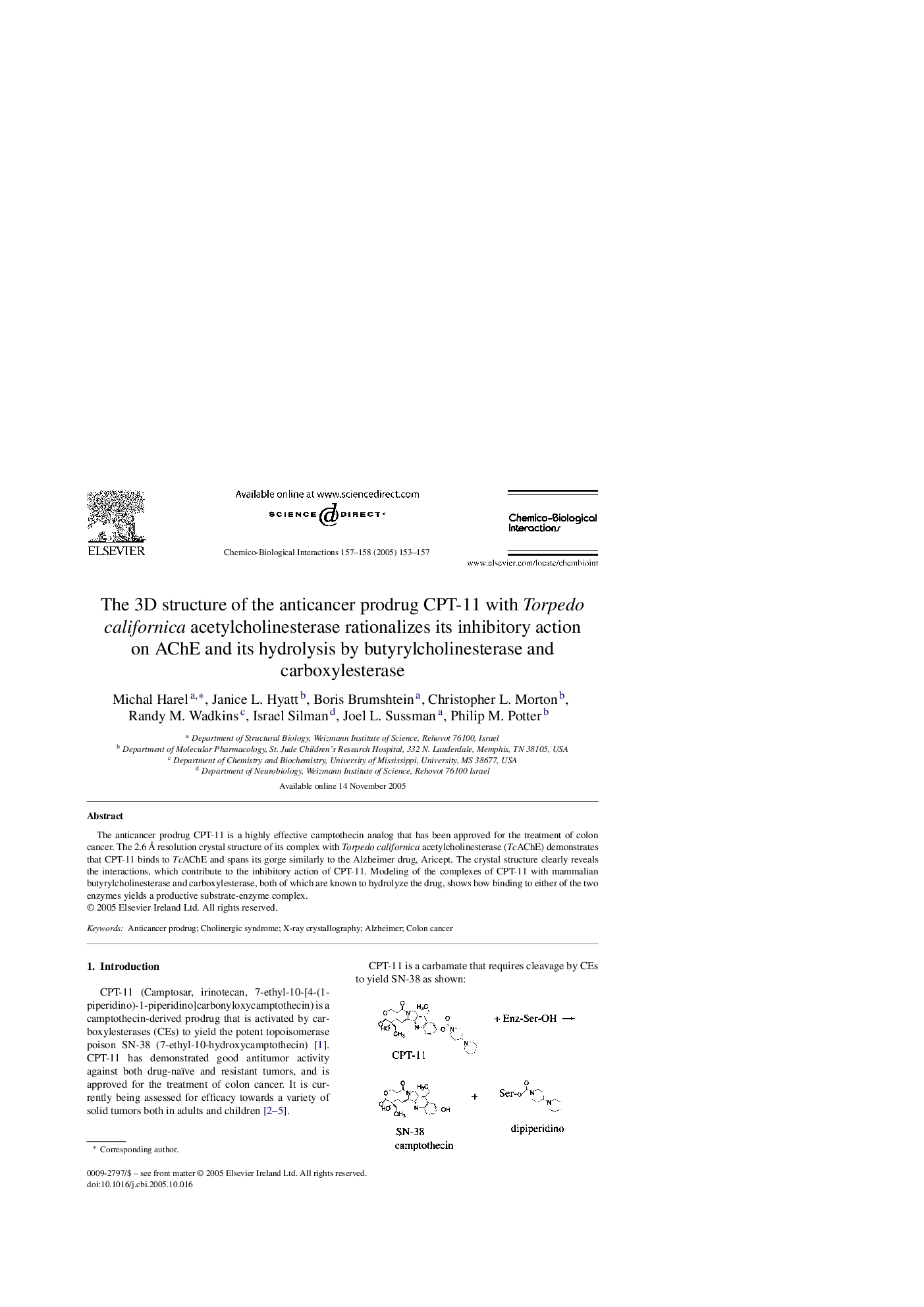 عکس صفحه اول مقاله: The 3D structure of the anticancer prodrug CPT-11 with Torpedo californica acetylcholinesterase rationalizes its inhibitory action on AChE and its hydrolysis by butyrylcholinesterase and carboxylesterase The 3D structure of the anticancer prodrug CPT-11 with Torpedo californica acetylcholinesterase rationalizes its inhibitory action on AChE and its hydrolysis by butyrylcholinesterase and carboxylesterase
