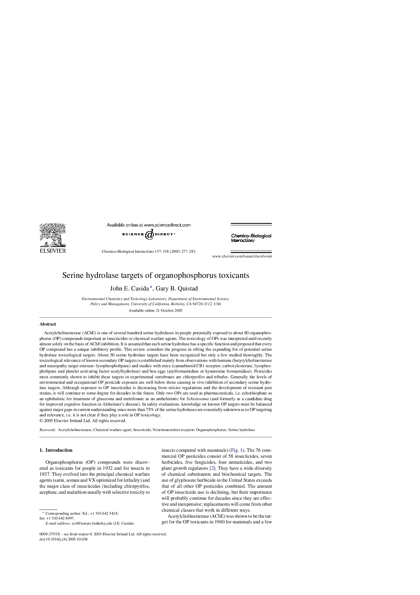 Serine hydrolase targets of organophosphorus toxicants