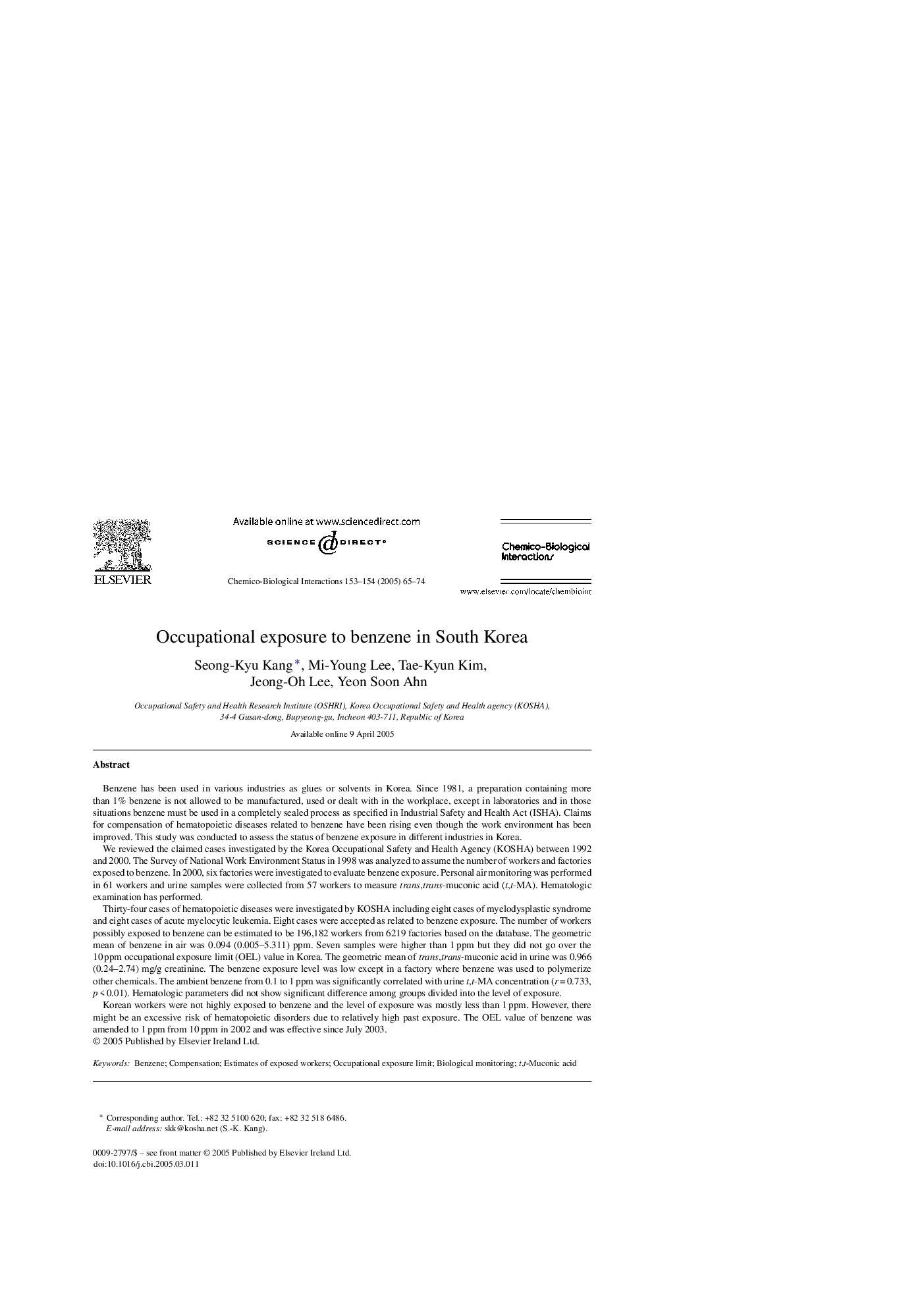 Occupational exposure to benzene in South Korea