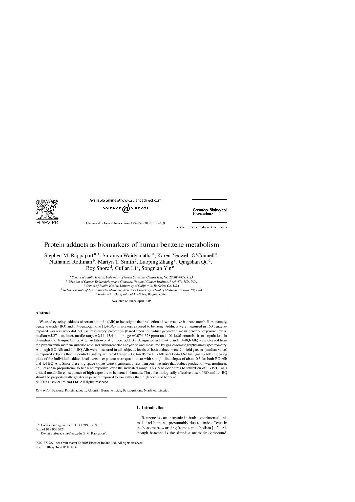 Protein adducts as biomarkers of human benzene metabolism