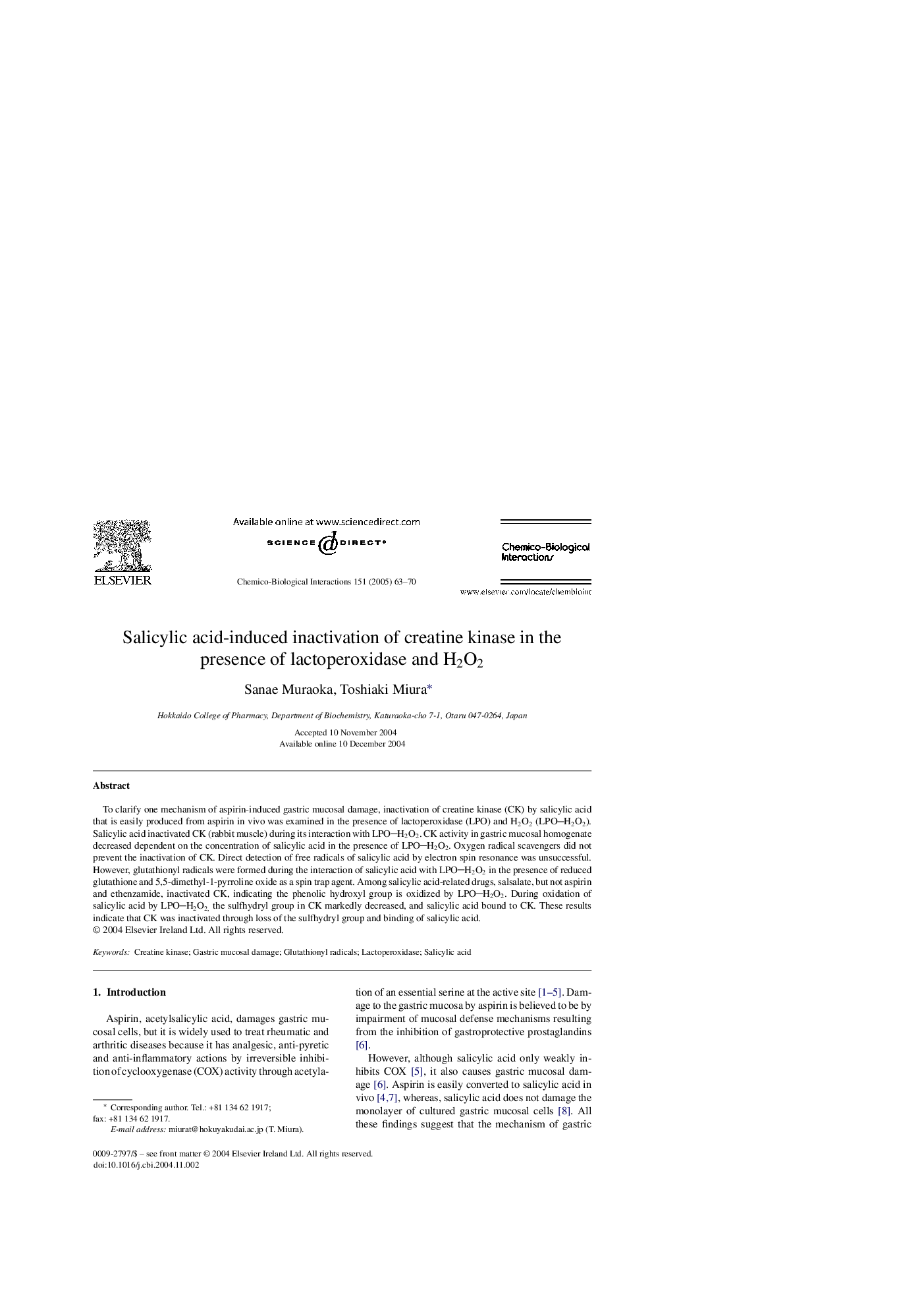 عکس صفحه اول مقاله: Salicylic acid-induced inactivation of creatine kinase in the presence of lactoperoxidase and H2O2 Salicylic acid-induced inactivation of creatine kinase in the presence of lactoperoxidase and H2O2