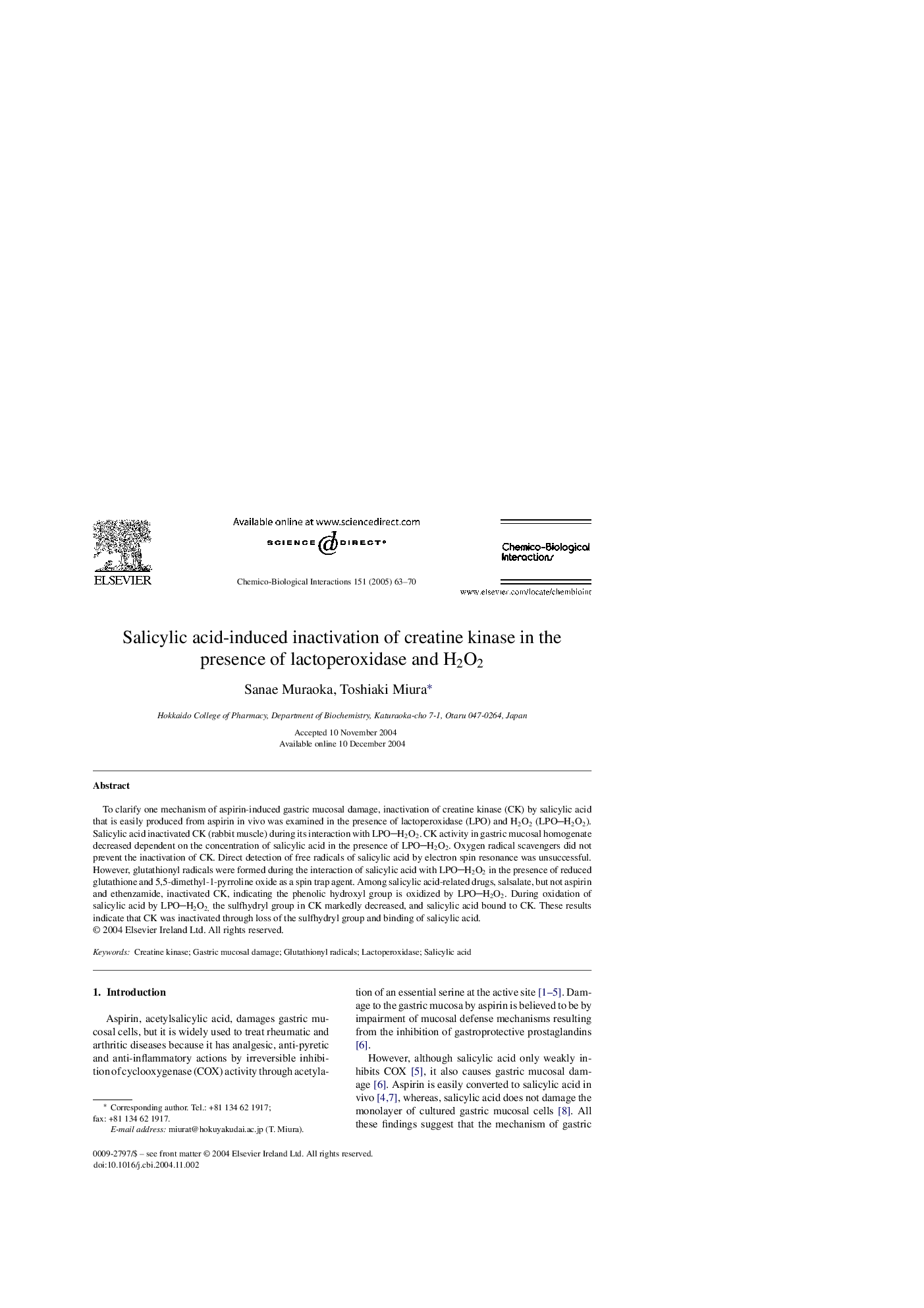 Salicylic acid-induced inactivation of creatine kinase in the presence of lactoperoxidase and H2O2