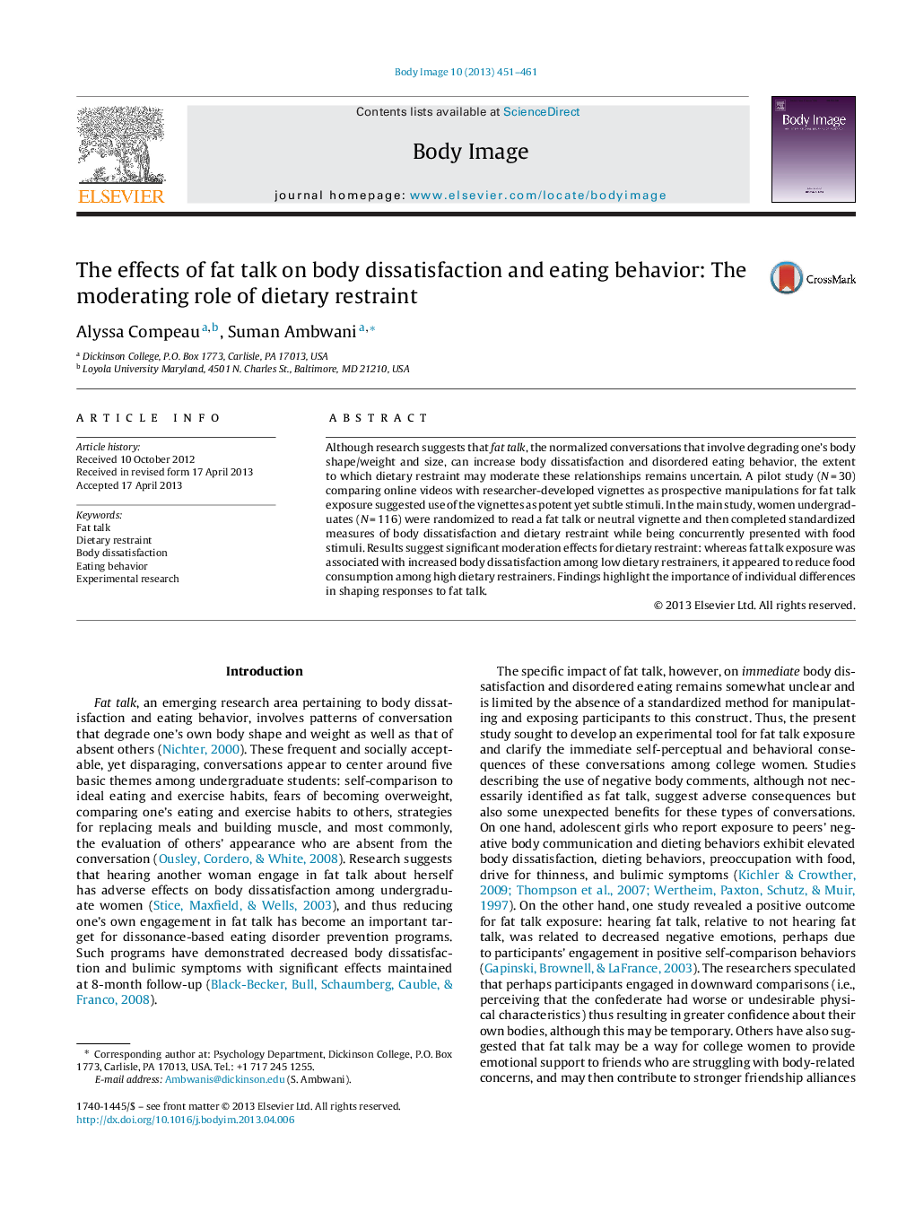 The effects of fat talk on body dissatisfaction and eating behavior: The moderating role of dietary restraint