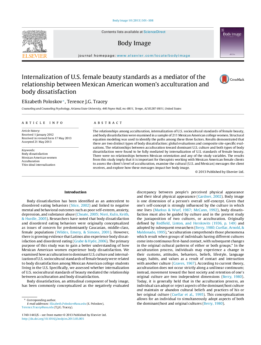 Internalization of U.S. female beauty standards as a mediator of the relationship between Mexican American women's acculturation and body dissatisfaction