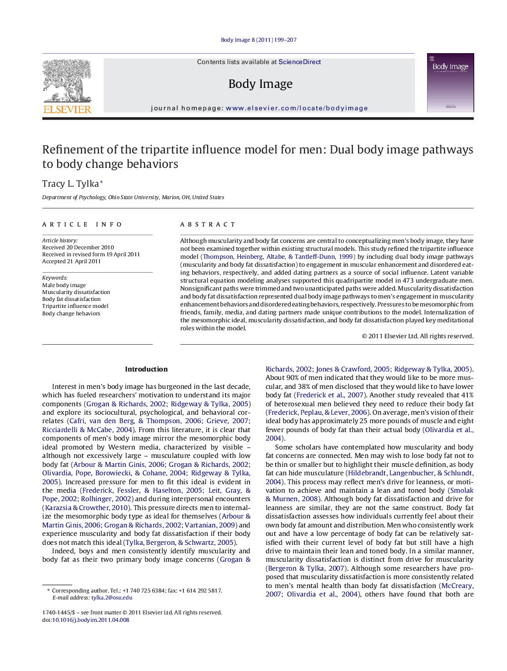 Refinement of the tripartite influence model for men: Dual body image pathways to body change behaviors