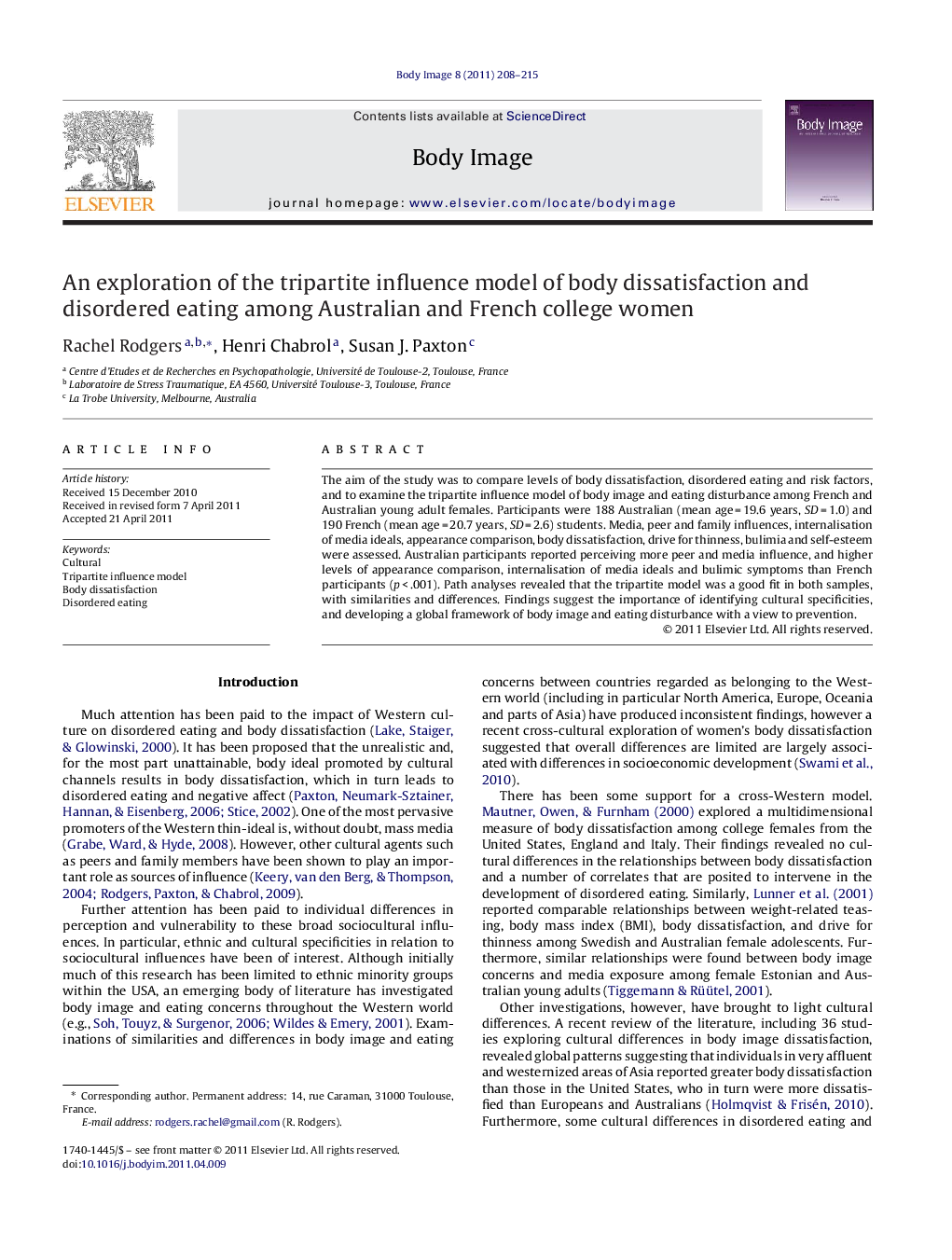 An exploration of the tripartite influence model of body dissatisfaction and disordered eating among Australian and French college women