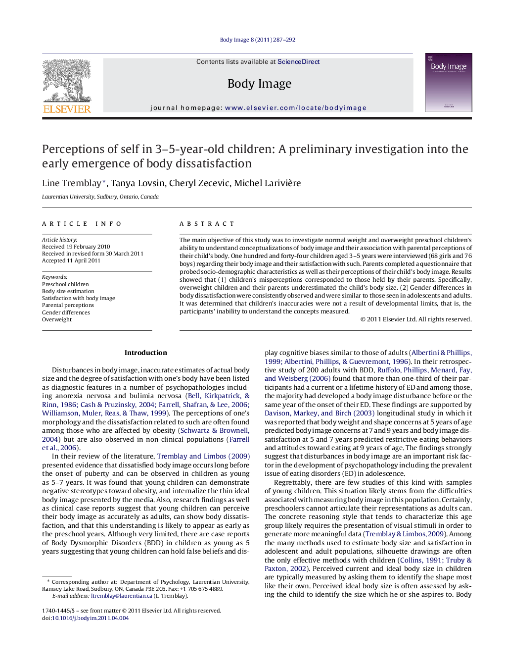 Perceptions of self in 3–5-year-old children: A preliminary investigation into the early emergence of body dissatisfaction