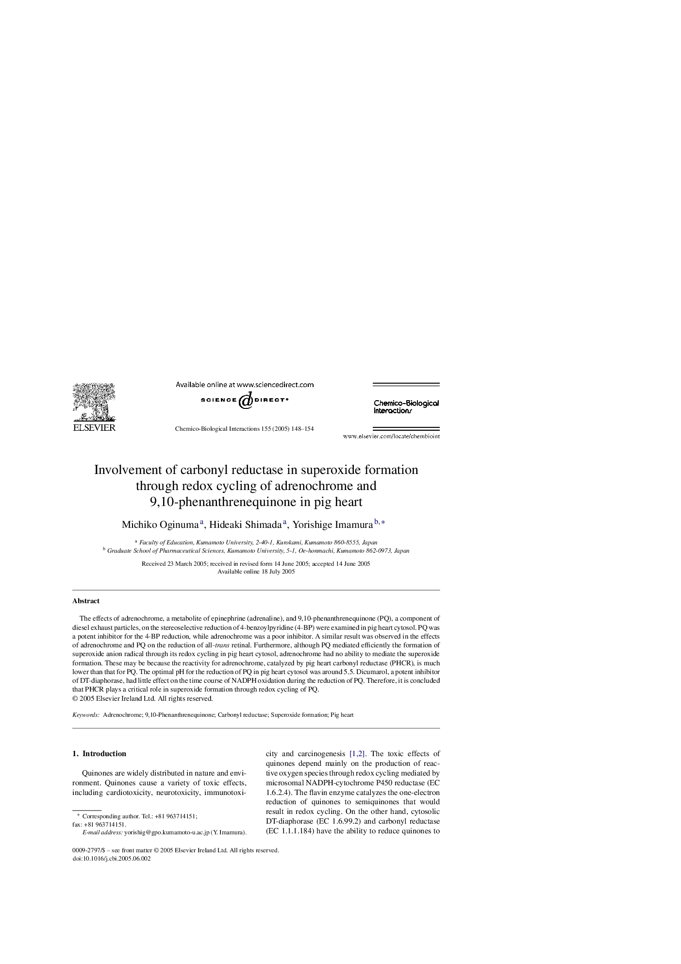 Involvement of carbonyl reductase in superoxide formation through redox cycling of adrenochrome and 9,10-phenanthrenequinone in pig heart