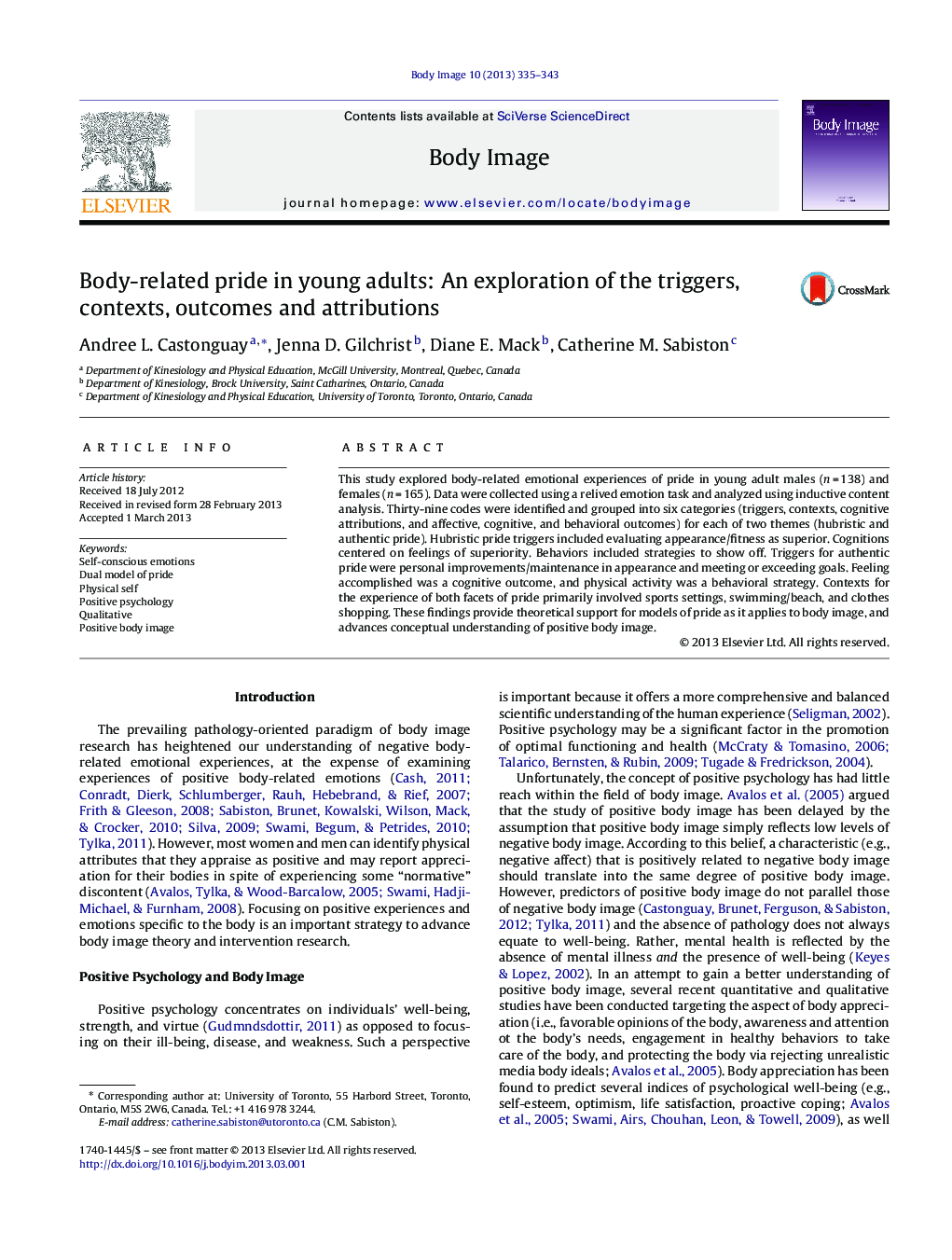 Body-related pride in young adults: An exploration of the triggers, contexts, outcomes and attributions