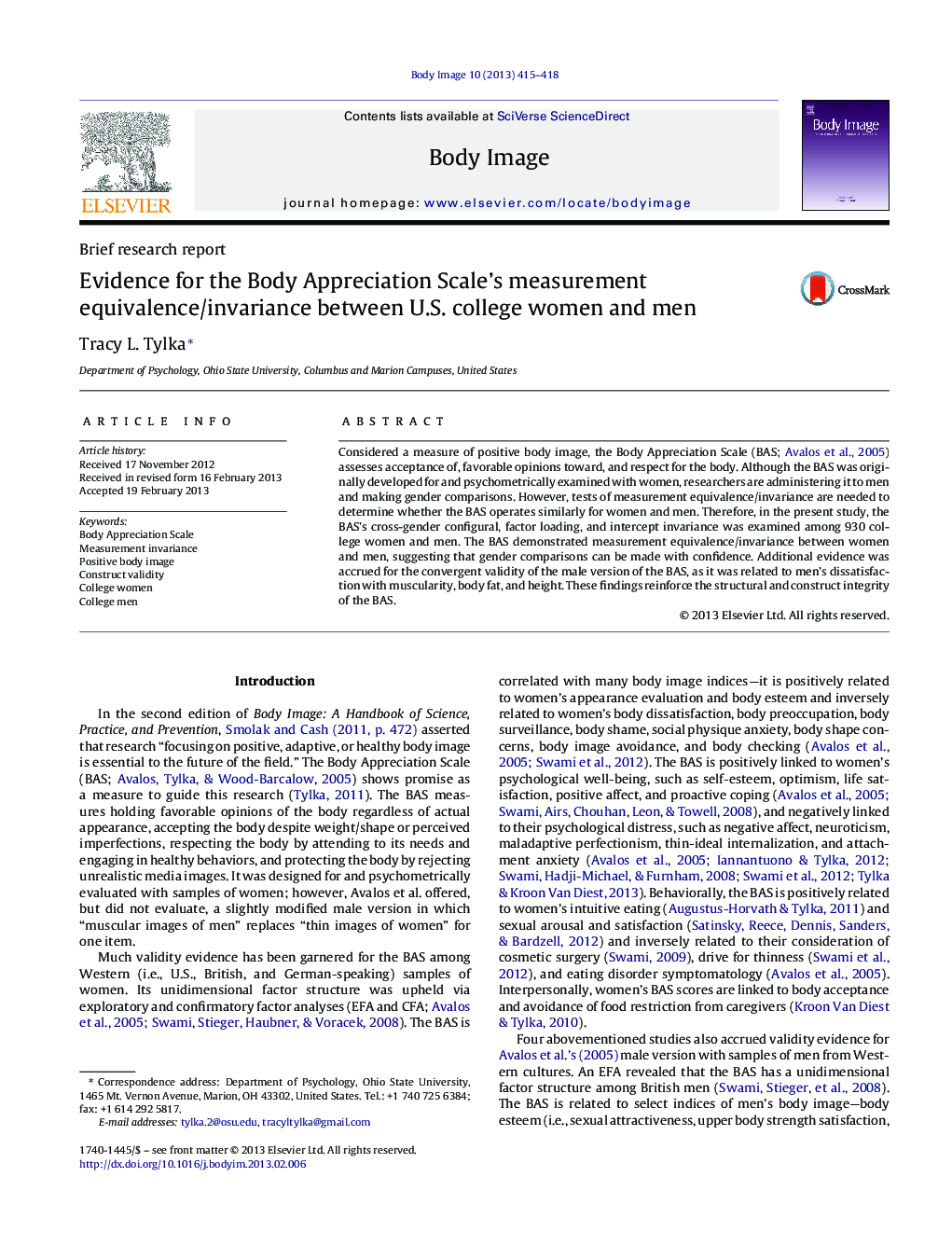 Evidence for the Body Appreciation Scale's measurement equivalence/invariance between U.S. college women and men