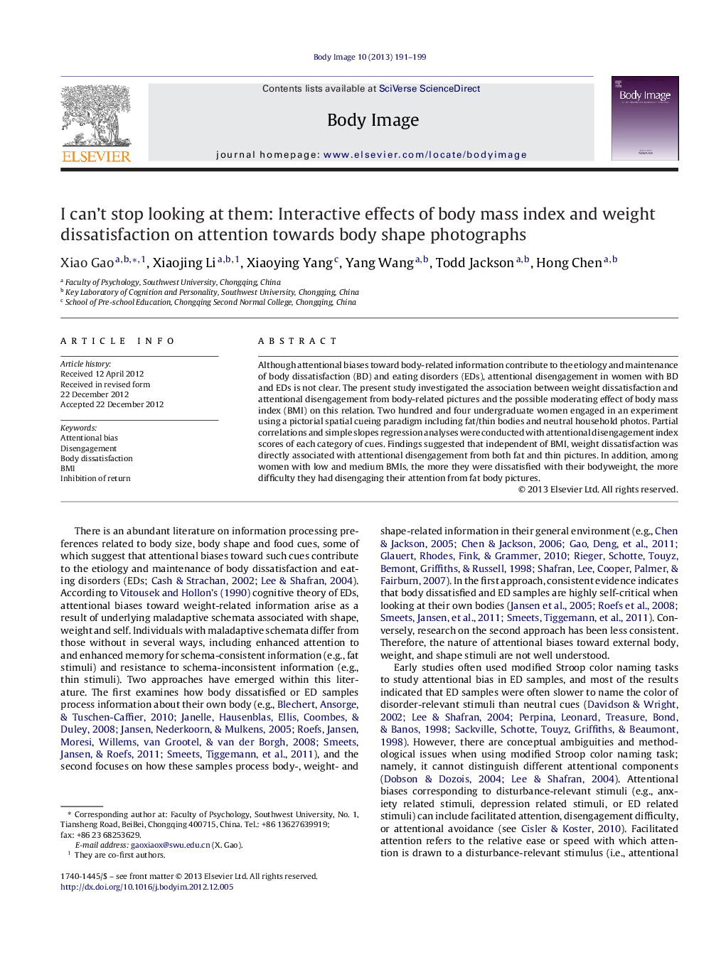 I can’t stop looking at them: Interactive effects of body mass index and weight dissatisfaction on attention towards body shape photographs