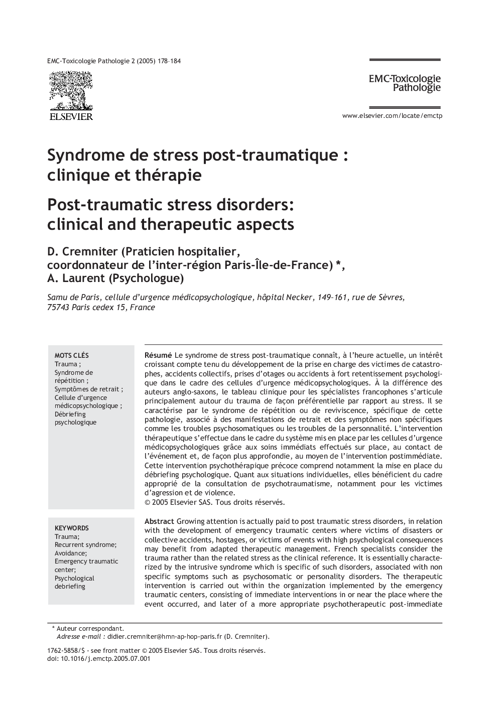 Syndrome de stress post-traumatiqueÂ : clinique et thérapie