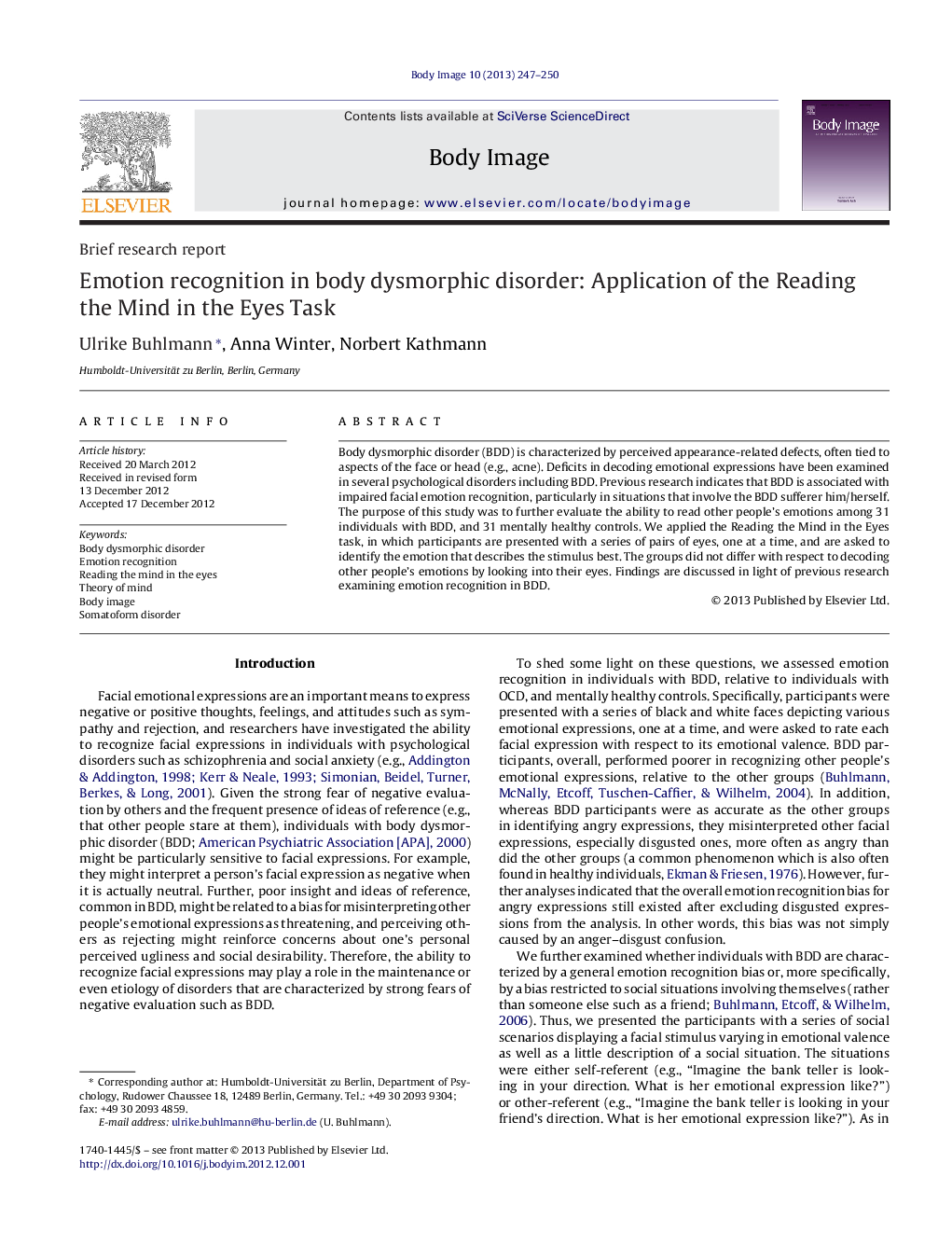 Emotion recognition in body dysmorphic disorder: Application of the Reading the Mind in the Eyes Task