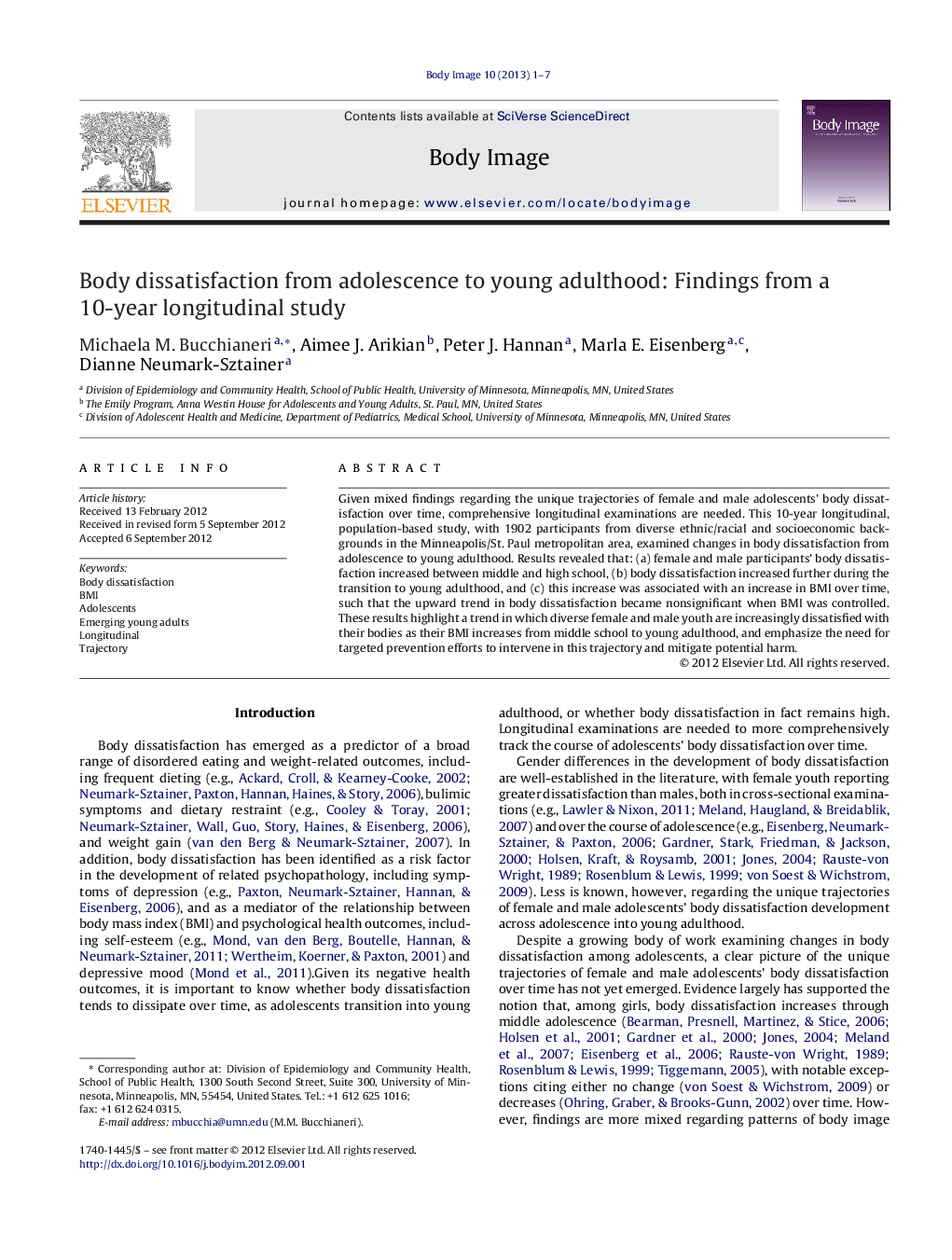 Body dissatisfaction from adolescence to young adulthood: Findings from a 10-year longitudinal study