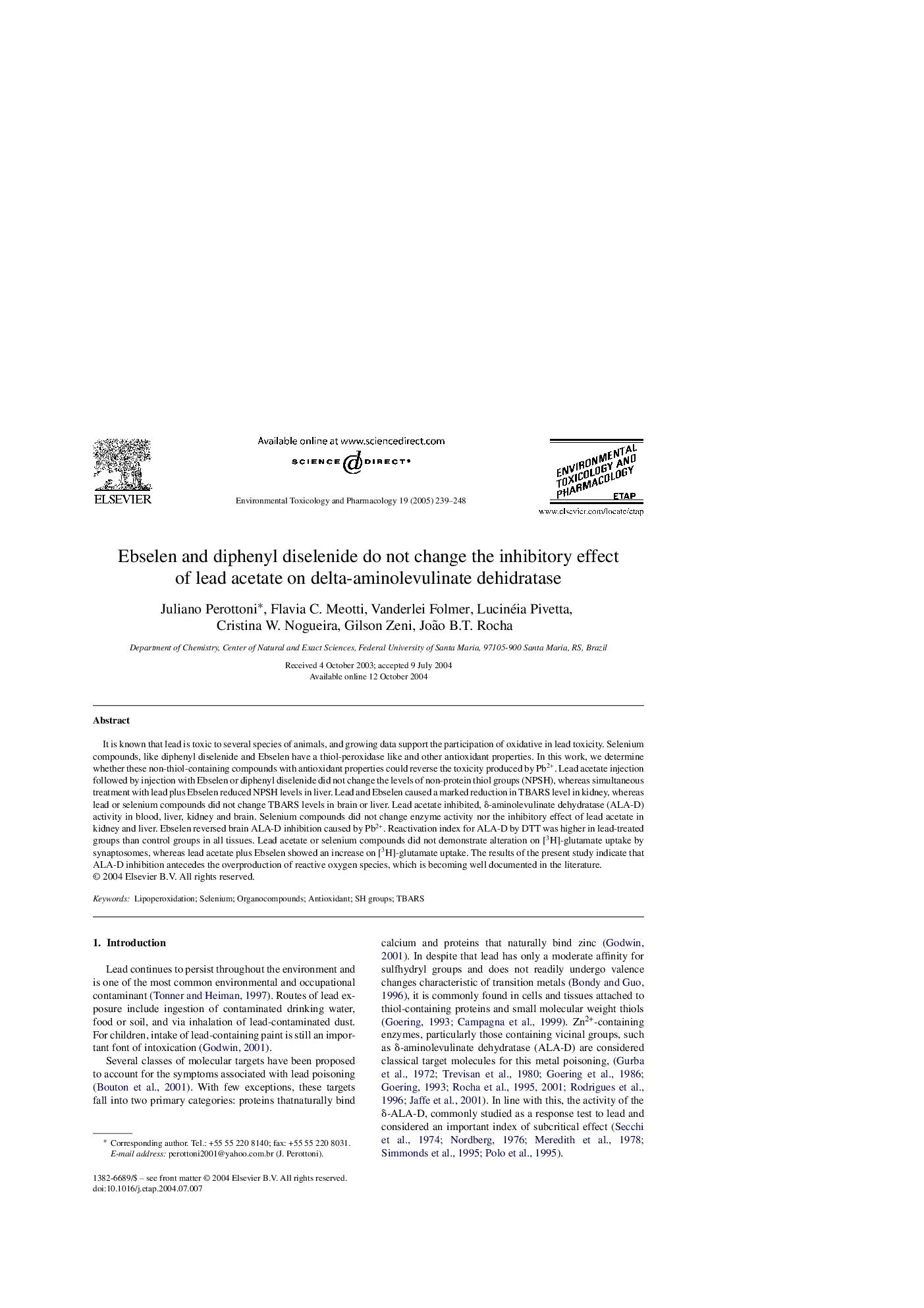 Ebselen and diphenyl diselenide do not change the inhibitory effect of lead acetate on delta-aminolevulinate dehidratase