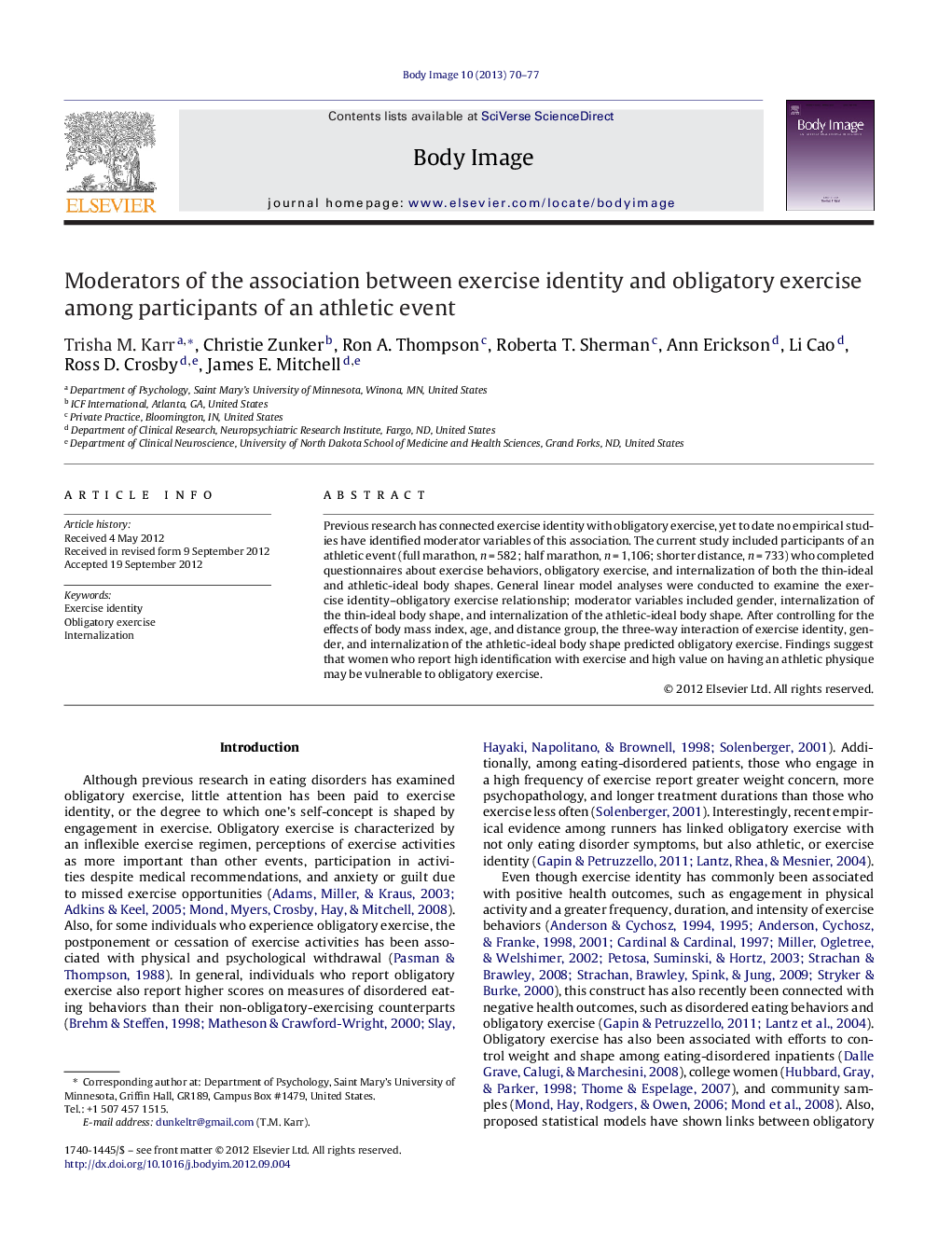 Moderators of the association between exercise identity and obligatory exercise among participants of an athletic event