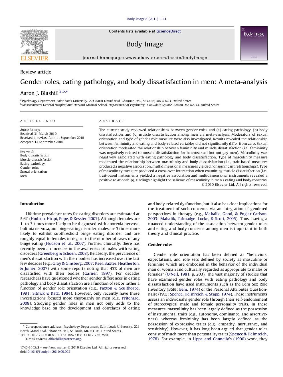 Gender roles, eating pathology, and body dissatisfaction in men: A meta-analysis