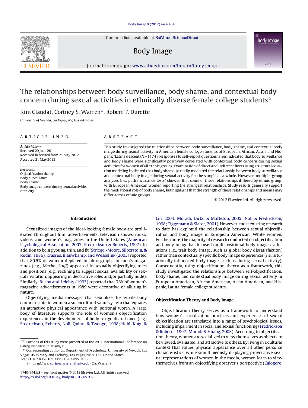 The relationships between body surveillance, body shame, and contextual body concern during sexual activities in ethnically diverse female college students 