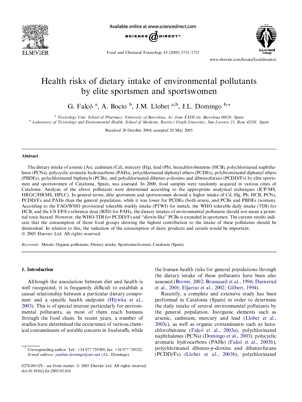 Health risks of dietary intake of environmental pollutants by elite sportsmen and sportswomen