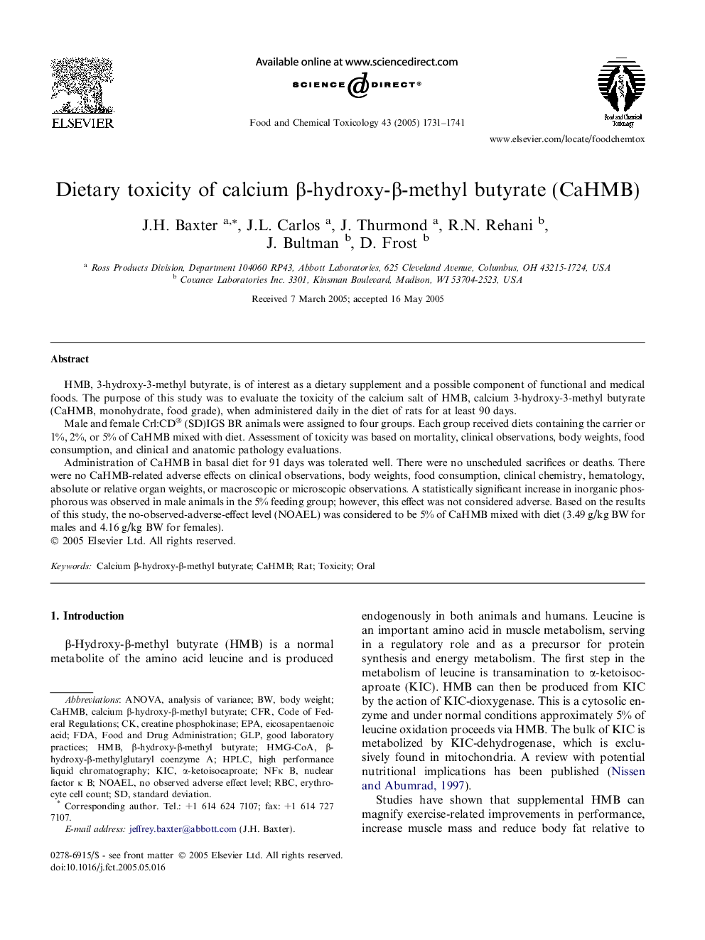 Dietary toxicity of calcium Î²-hydroxy-Î²-methyl butyrate (CaHMB)