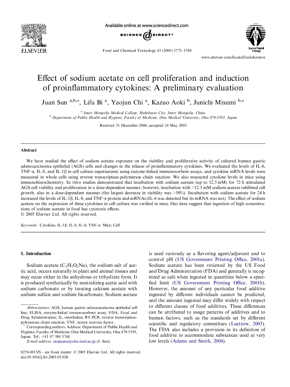 Effect of sodium acetate on cell proliferation and induction of proinflammatory cytokines: A preliminary evaluation