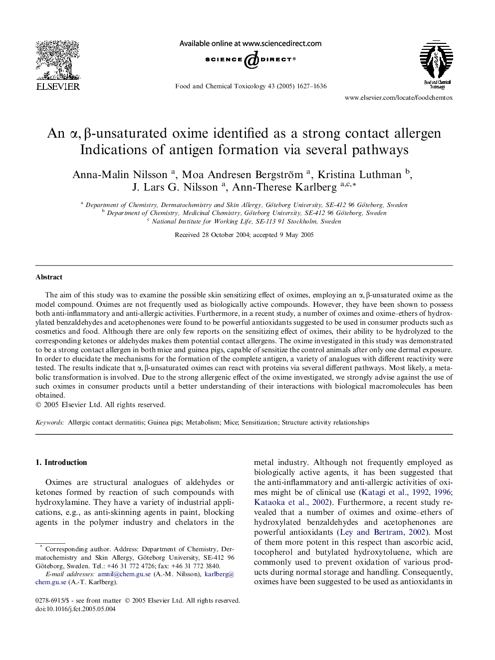 An Î±,Â Î²-unsaturated oxime identified as a strong contact allergen