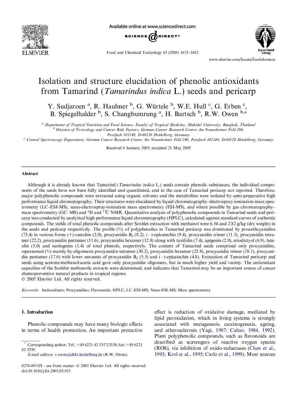 Isolation and structure elucidation of phenolic antioxidants from Tamarind (Tamarindus indica L.) seeds and pericarp