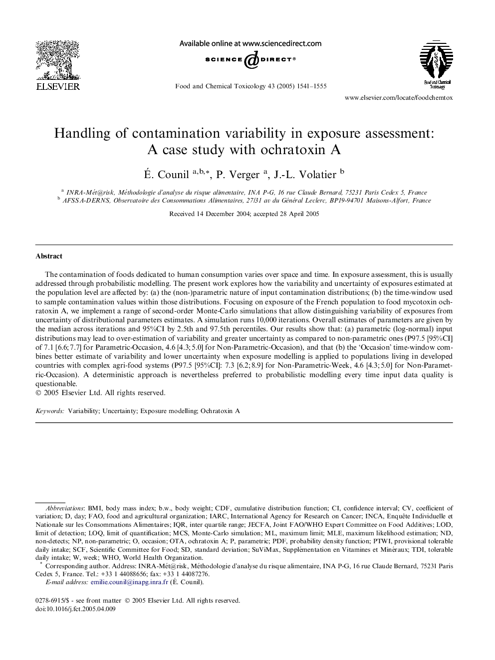 Handling of contamination variability in exposure assessment: A case study with ochratoxin A