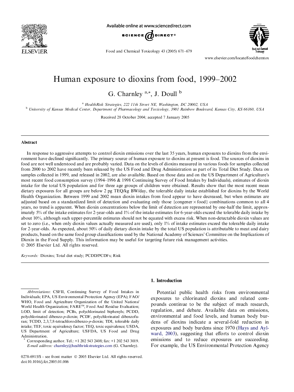 Human exposure to dioxins from food, 1999-2002