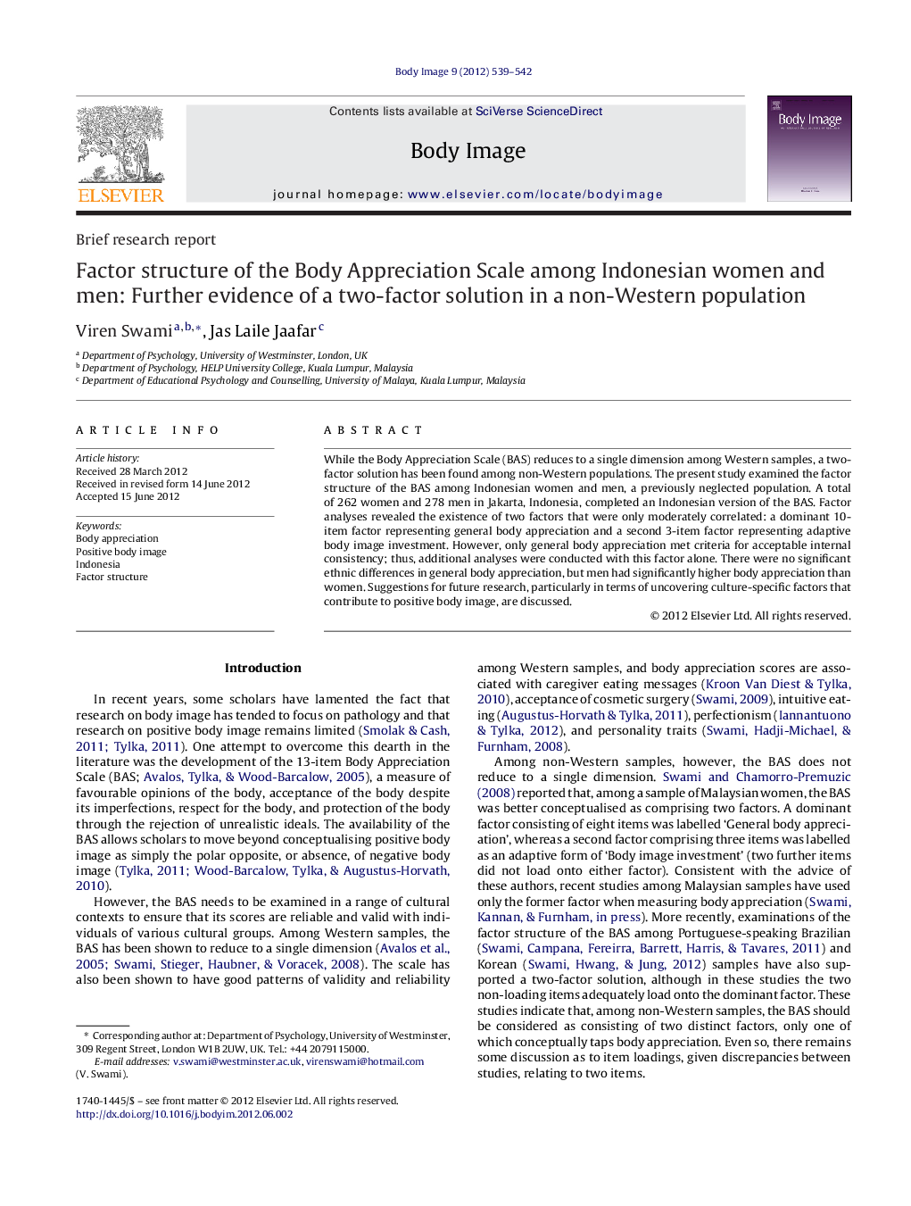 Factor structure of the Body Appreciation Scale among Indonesian women and men: Further evidence of a two-factor solution in a non-Western population